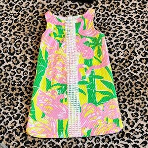Lilly Pulitzer Girls Pink Green Yellow Floral Flamingo Shift Dress, Size 6
